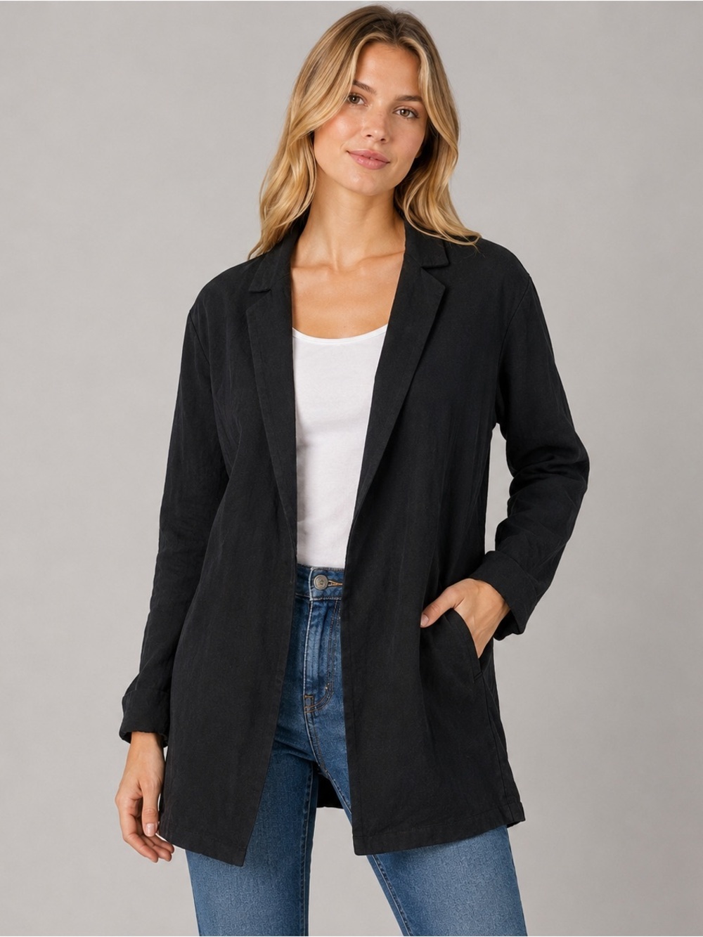 Eileen Fisher System Black Open Jacket Linen Blend Pockets Minimalist Size XS